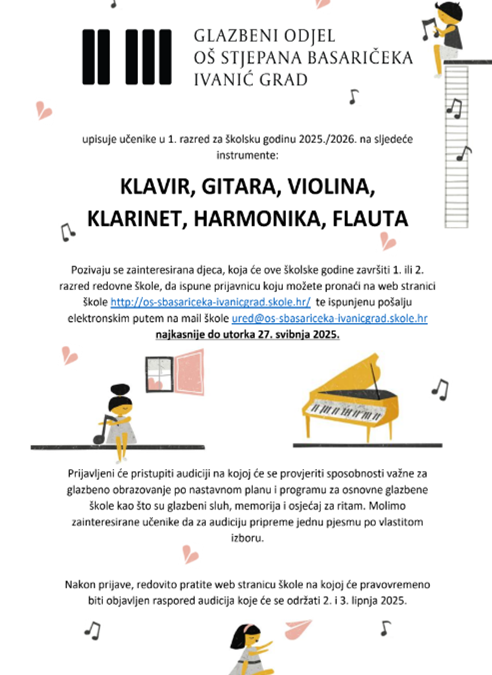 Prijave za upis u 1. razred Glazbenog odjela